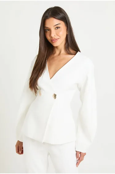 Gold Trim Barrel Sleeve Blazer - white