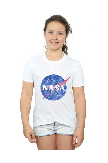 NASA Girls Classic Insignia Logo Distressed Cotton T-Shirt - White