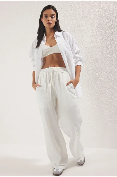 White Linen Look Wide Leg/Wide Leg  Lined Elastic Waist Trousers