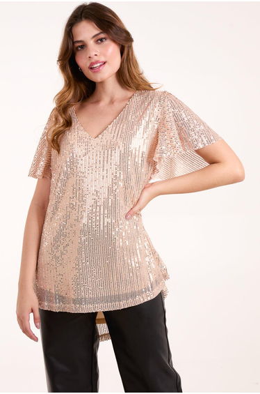 Angel Sleeve V Neck Sequin Top