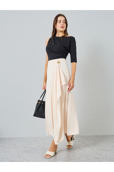 Women Beige Solid Wrap Skirt with Metallic Accents