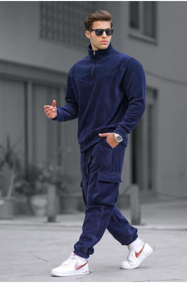 Navy Blue Zipper Collar Fleece Men's Tracksuit Set