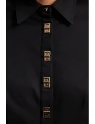 Techno Cotton Gold Clasp Detail Long Sleeve Woven Mini Dress - 2