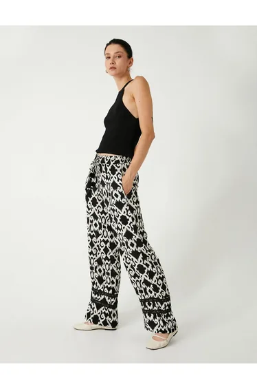 Viscose Wide Leg Trousers Ethnic Patterned Pocket Tied Waist