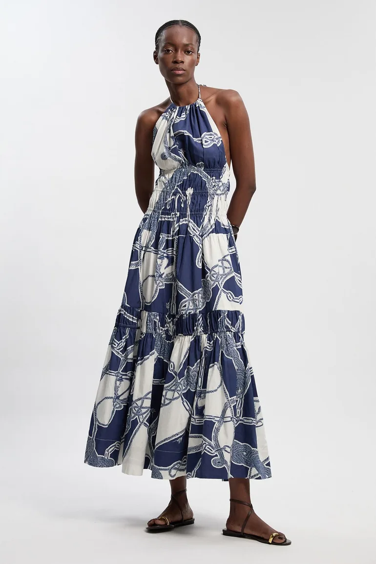 Petite Shirred Cotton Tiered Chain Print Halter Neck Woven Maxi Dress