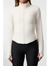 Ecru Brushed Soft Reflective Print and Thumb Hole Detailed Knitted Sports Jacket - 4