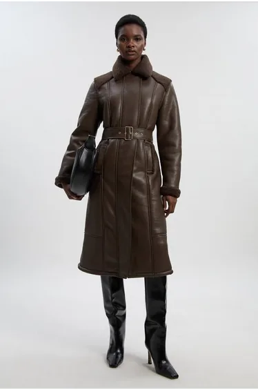 معطف كارين ميلين جلد بني بطول الركبة