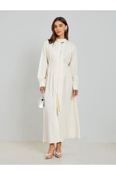 Beige Fold Pleat Maxi Dress with Tie Detail