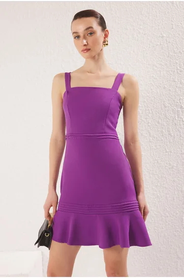 Purple Ribbed Detailed Flounce Skirted A-Line Mini Woven Dress