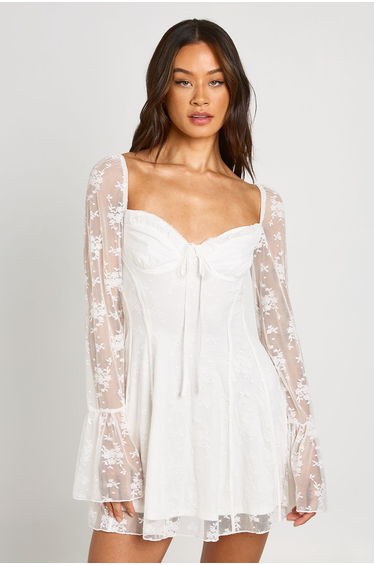 Tall Lace Baby Doll Flare Sleeve Mini Dress - white