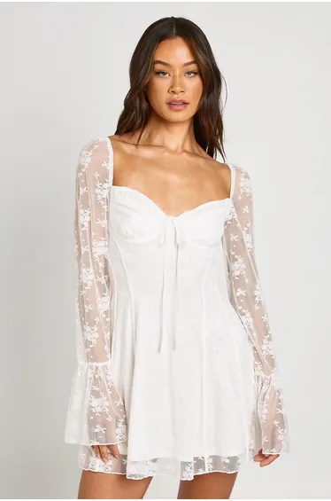 Tall Lace Baby Doll Flare Sleeve Mini Dress - white