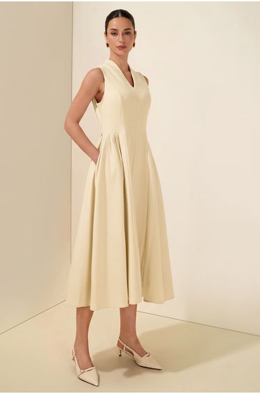 V-Neck Ruched Midi Dress With Cape