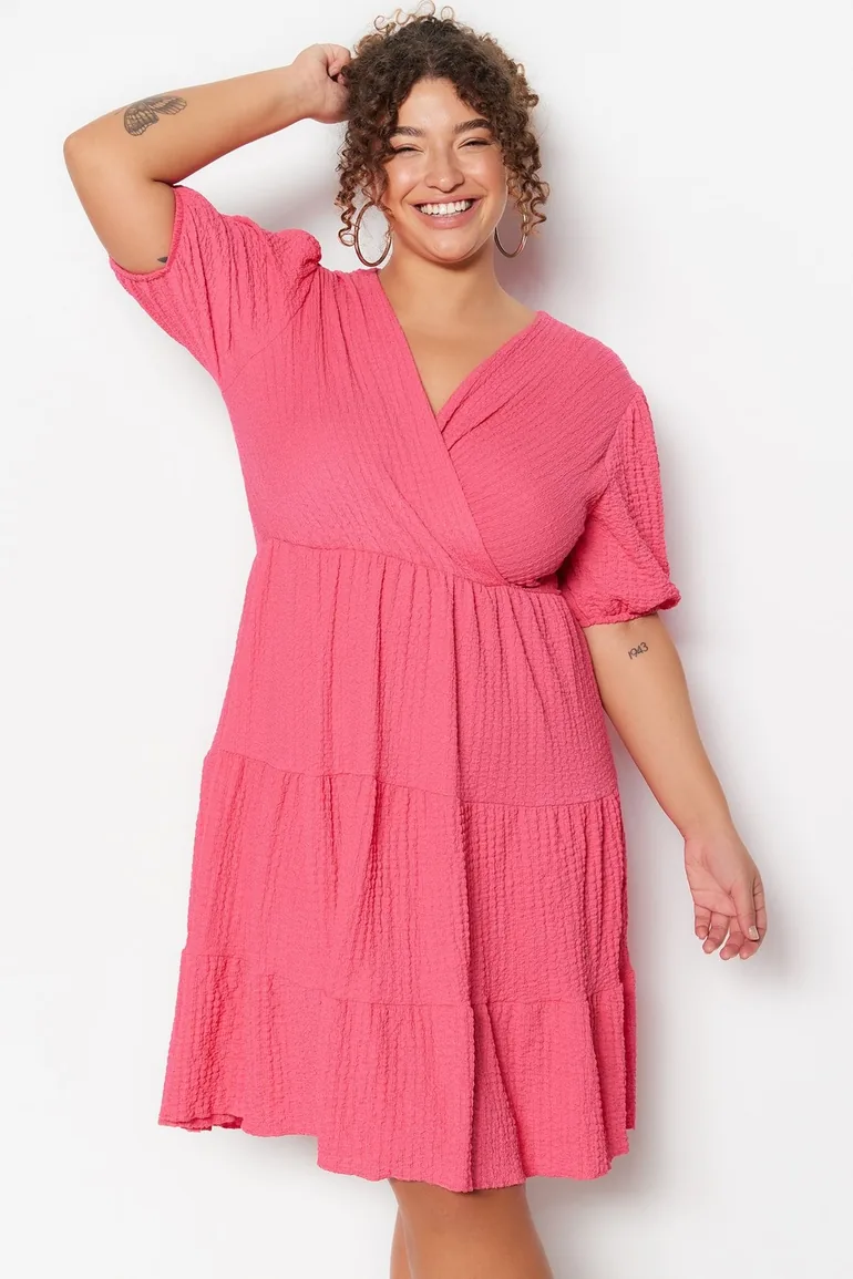 Plus Size Dress - Pink - Wrapover