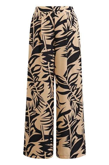 Tropical Leaf Print Straight-Leg Pants in Black for Weekend Getaways & Beach Nights