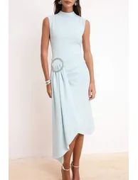Light Blue Woven Midi Dress with Accessory Detail - 2