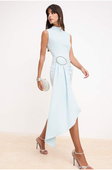 Light Blue Woven Midi Dress with Accessory Detail