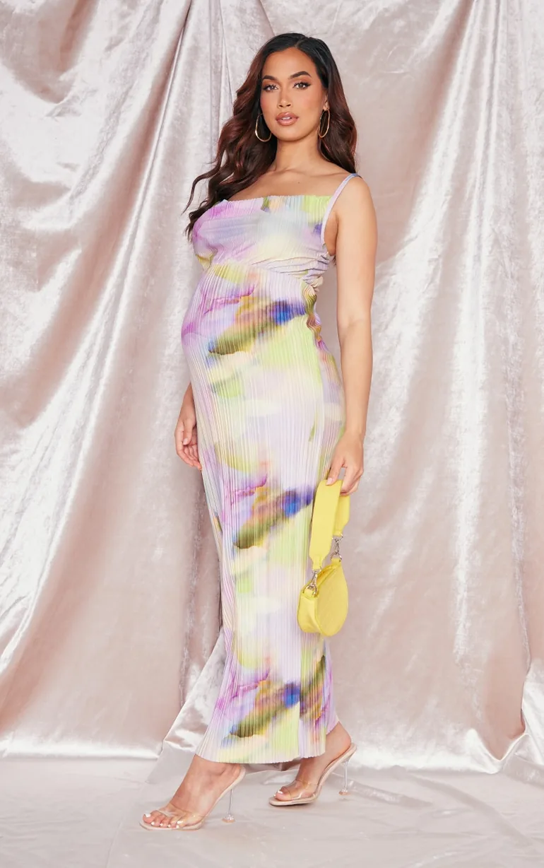 Maternity Purple Watercolour Plisse Midaxi Dress - 2