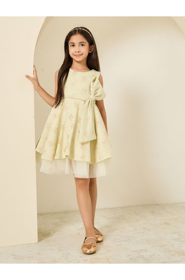 Girls Jacquard Pleated Dress with Bow Detail