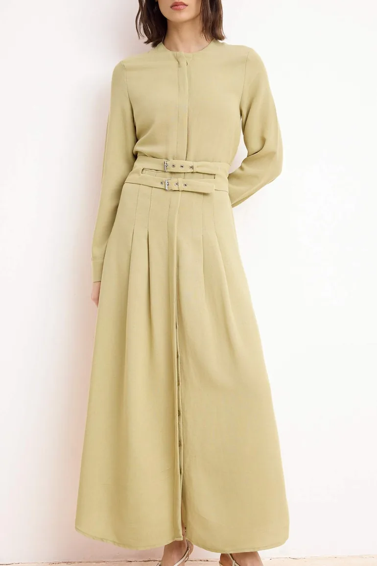 Green Belt Detailed Linen Woven Dress - 2