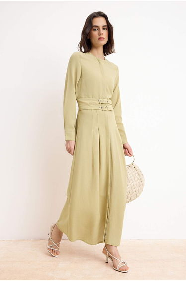Green Belt Detailed Linen Woven Dress
