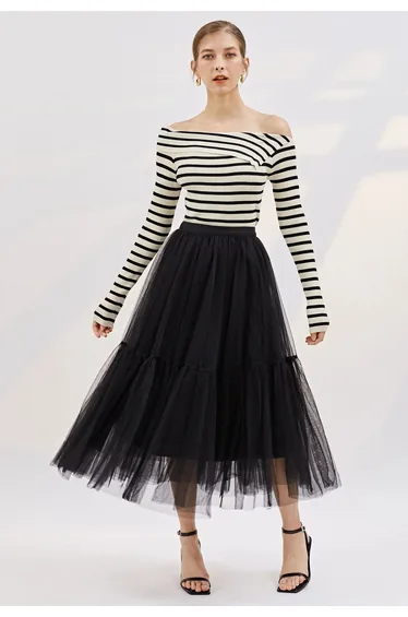 Folded Off-Shoulder Striped Knit Top in Black