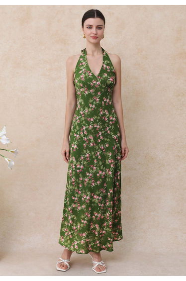 Rose Printed Open Back Halter Neck Dress in Dark Green