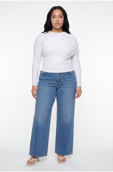Plus Ribbed Draped Front Long Sleeve Top - ivory