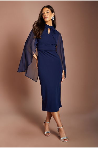 Wrap Waist Detail High Neck Midi Dress With Cape