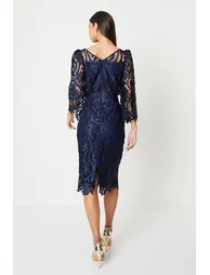 فستان ساتان بدانتيل بأكمام بحافة واسعة  - 2