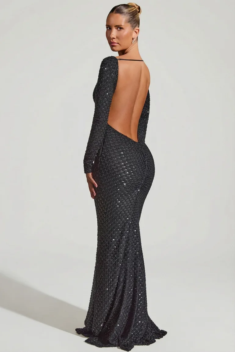 Embellished Open-Back Gown in Black Oh Polly Black : Premium Dresses :  VogaCloset Bahrain
