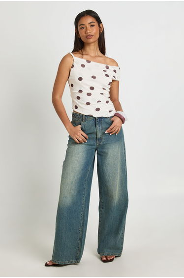 Mesh Polka Dot Off The Shoulder Top - cream