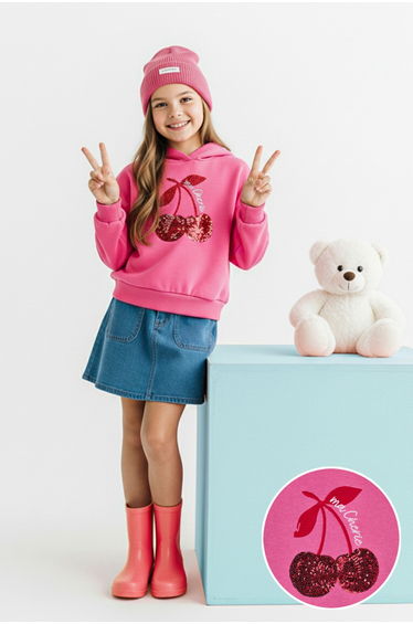 Pink Sequined Printed Girl's Knitted Sweatshirt