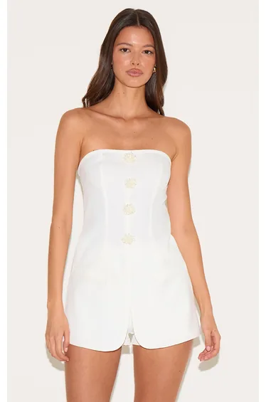 White Beaded Button Detail Tailored Playsuit