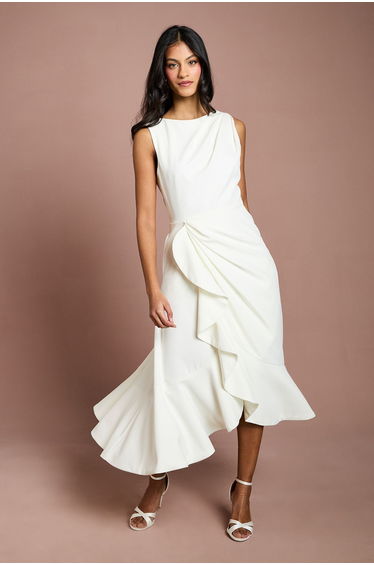 Petite Crepe Ruffle Dress With Low Back