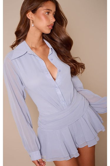 Blue Chiffon Long Sleeve Shirt Playsuit