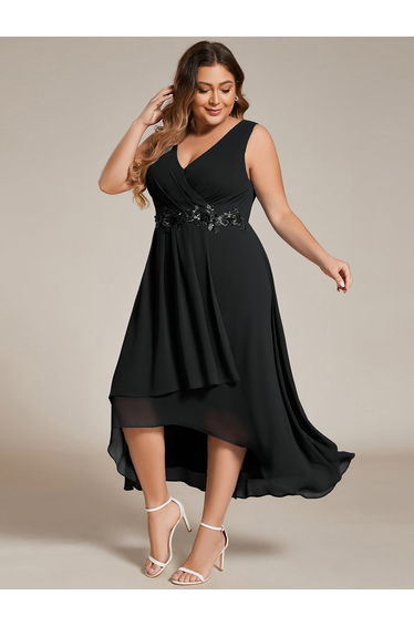 ever IRYS|Sleeveless V-Neck High Low Wedding Guest Dress with Floral Applique