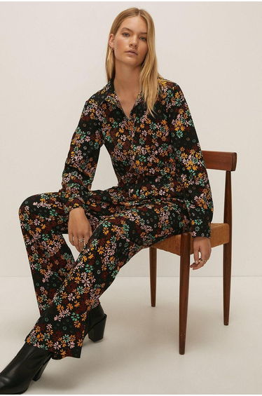 Petite Daisy Print Wide Leg Crinkle Trouser