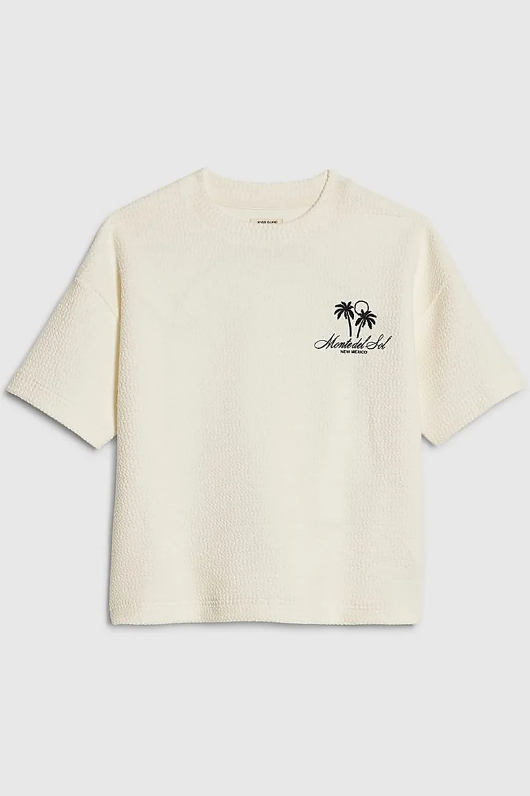 Mini Boys Cream Textured Palm Tree T-shirt