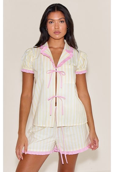 Lemon Tie Front Frill Collar Detail Stripe Short Pj Set