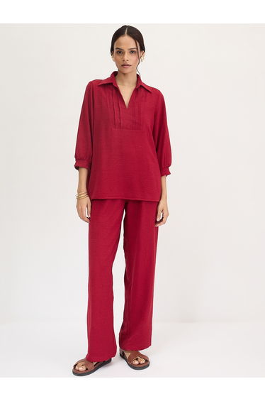 Maroon Open Collar Shirt with Pintuck Detail