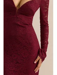 Camilly | Burgundy Lace Plunge-Neck Mermaid Midi Dress - 9