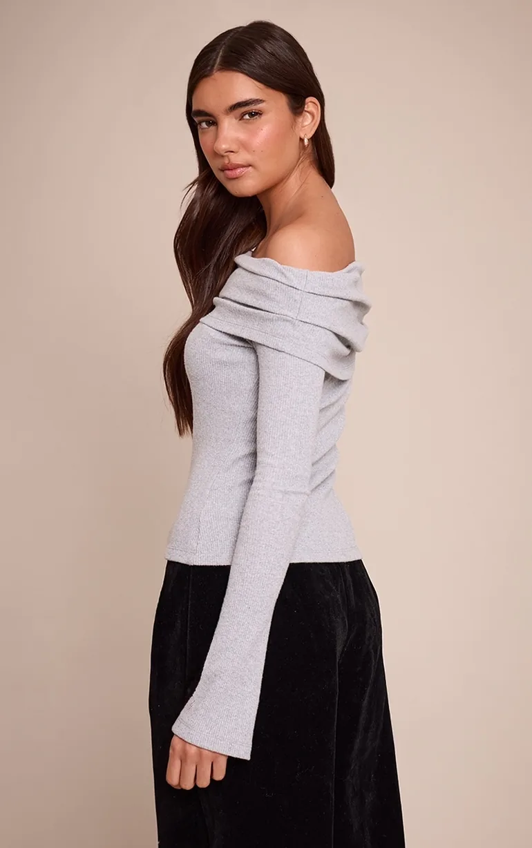 Grey Marl Thick Brushed Rib Extreme Foldover Bardot Detail Long Sleeve Top - 2