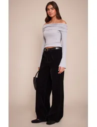 Grey Marl Thick Brushed Rib Extreme Foldover Bardot Detail Long Sleeve Top