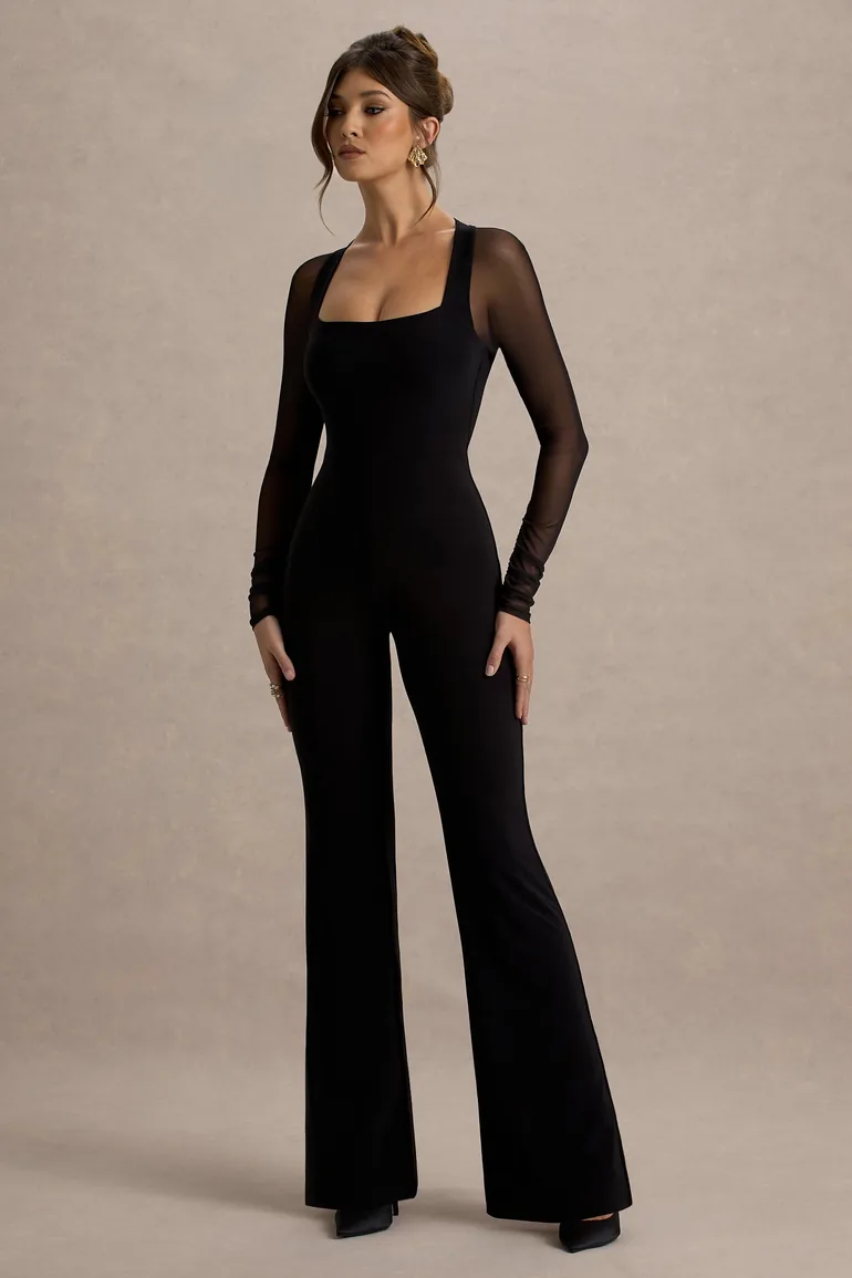 On Track | Black Flared-Leg Jumpsuit With Sheer Sleeves - 3
