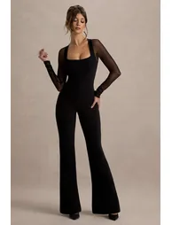 On Track | Black Flared-Leg Jumpsuit With Sheer Sleeves - 4
