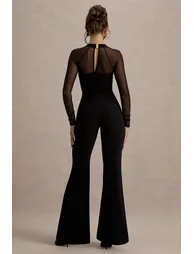 On Track | Black Flared-Leg Jumpsuit With Sheer Sleeves - 1