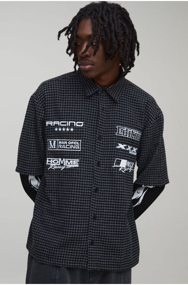 Oversized Moto Badge Faux Layer Check Shirt - black
