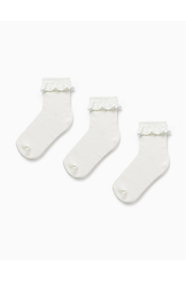 Pack of 3 Pairs of Socks with Broderie Anglaise for Girls, White