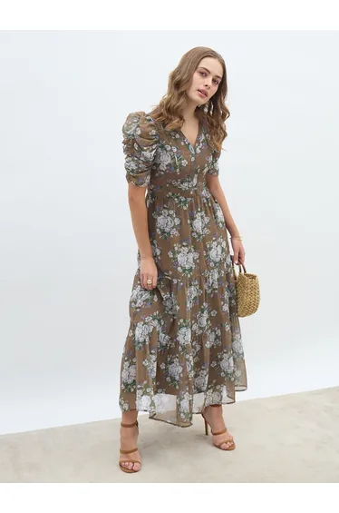 Floral Print Ruched Puff Sleeves Tiered Dress