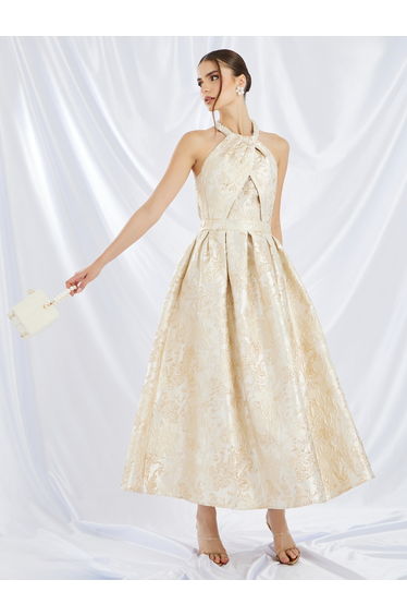 Jacquard Pleated Sleeveless A-Line Maxi Dress